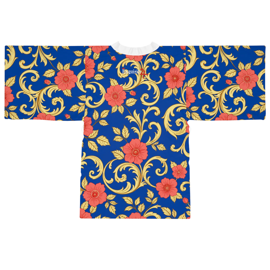 Floral Baroque Kimono Robe - Blue & Gold All-Over Print