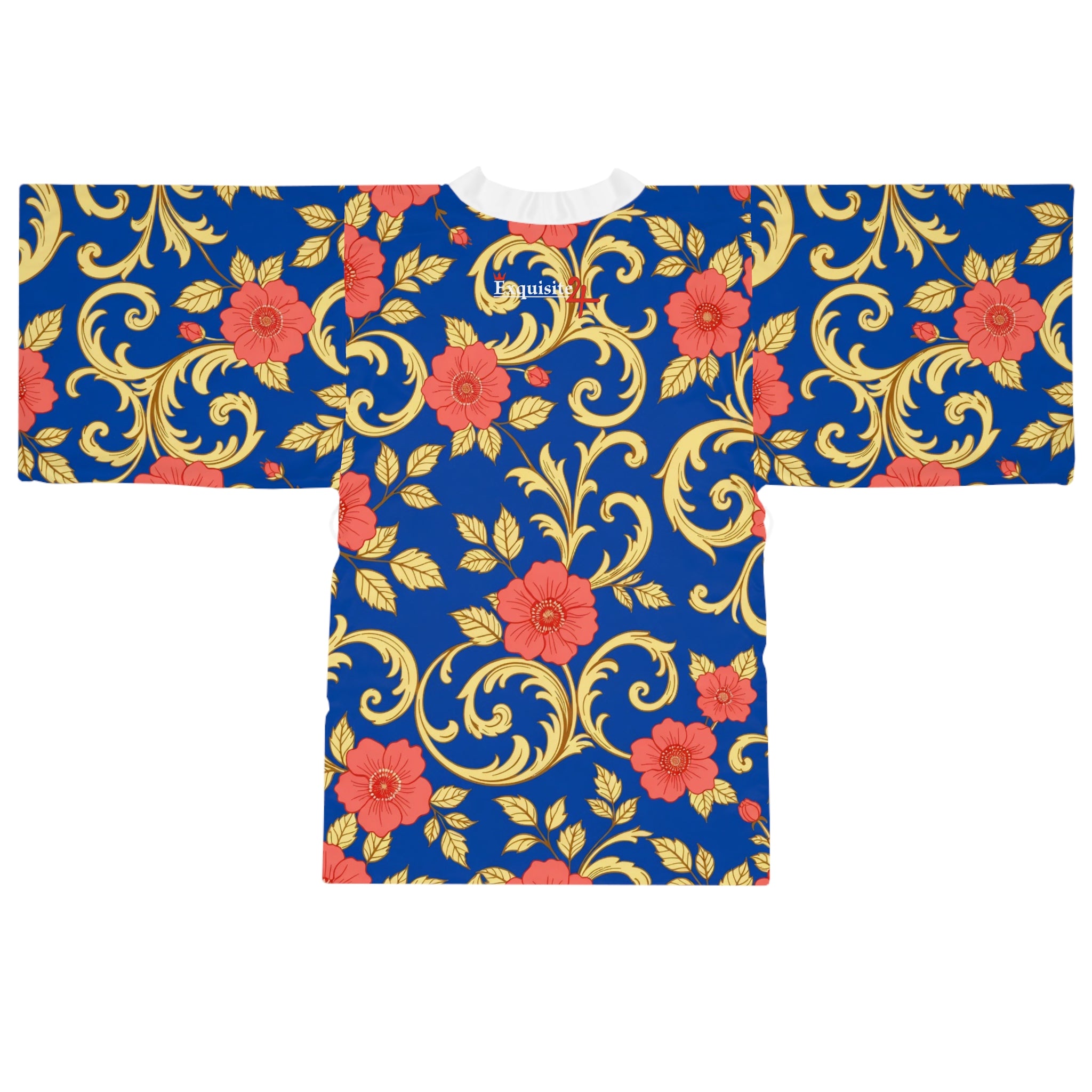 Floral Baroque Kimono Robe - Blue & Gold All-Over Print