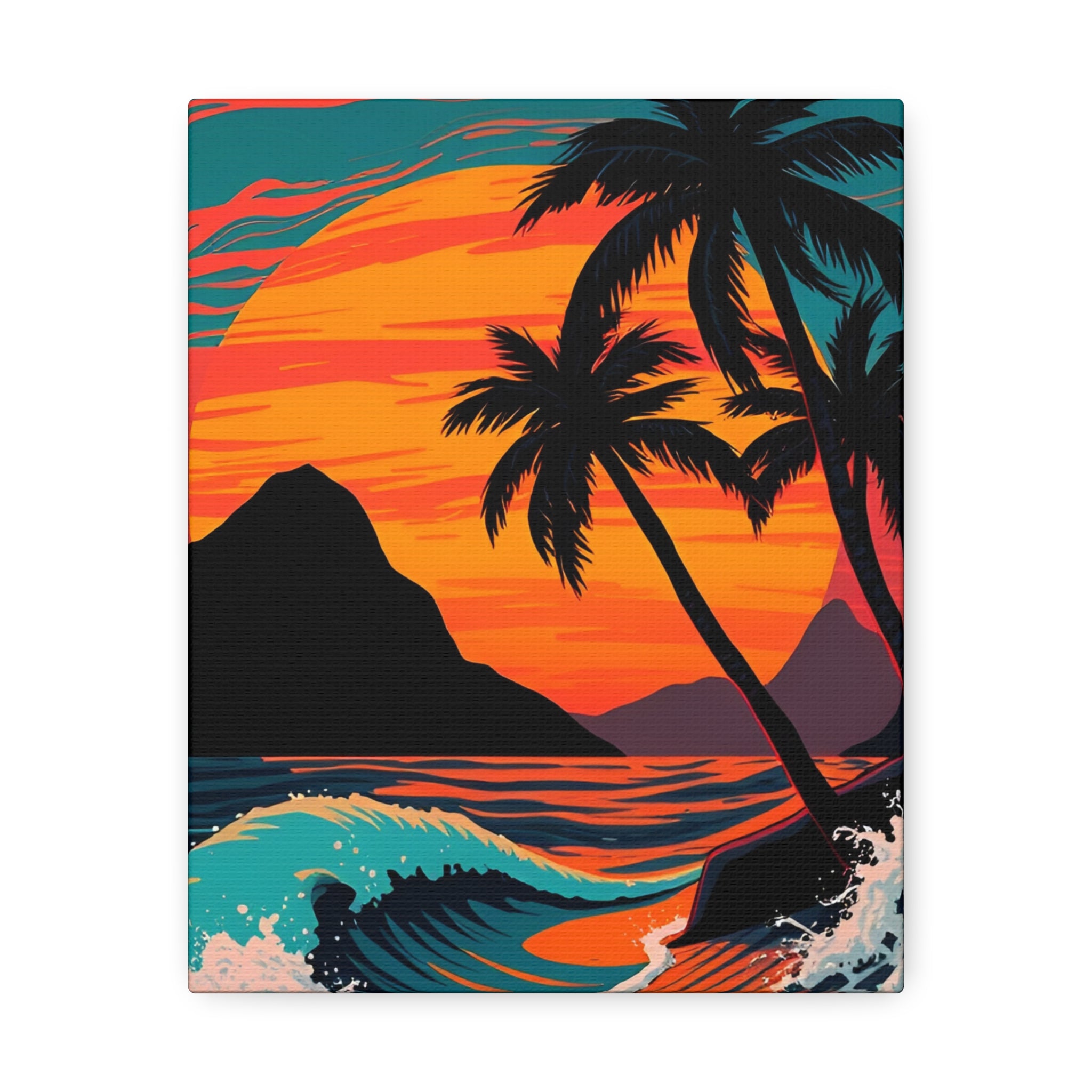 Tropical Sunset Canvas Wall Art — Palm Trees and Ocean Waves Stretched Canvas