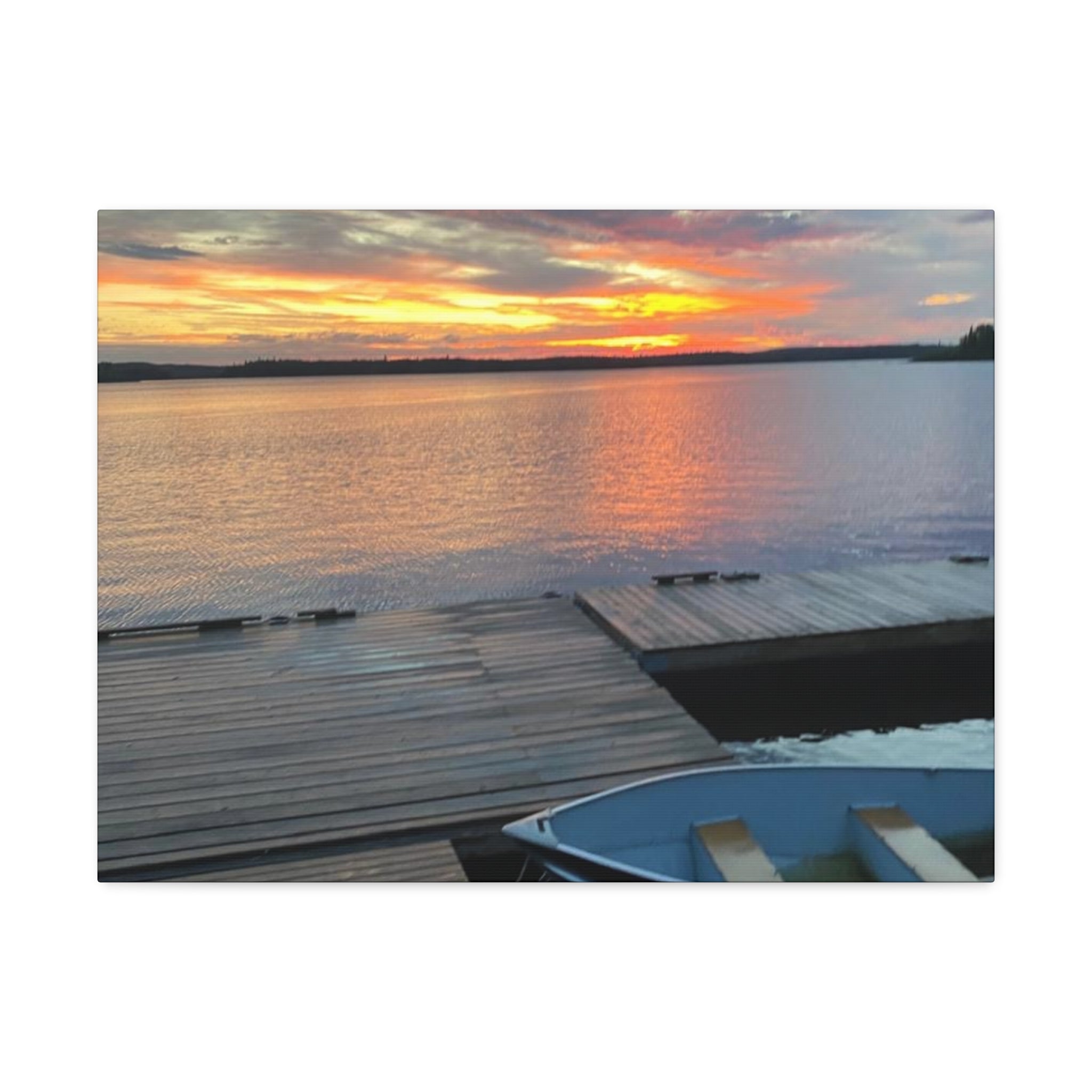 Sunset Lake Dock Stretched Canvas - Tranquil Waterfront Wall Art