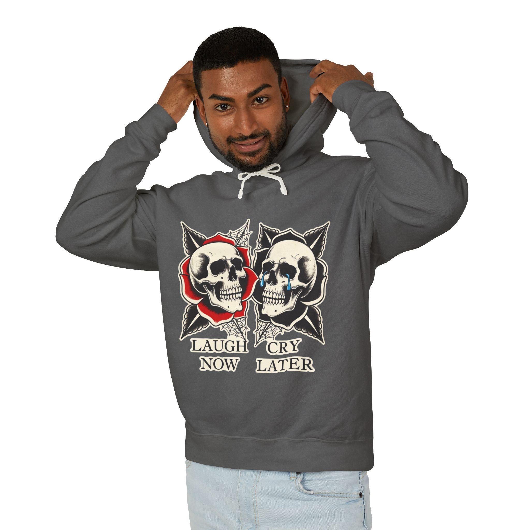 Laugh Now Cry Later Skull Hoodie — Vintage Expressive Skull Hooded Sweatshirt