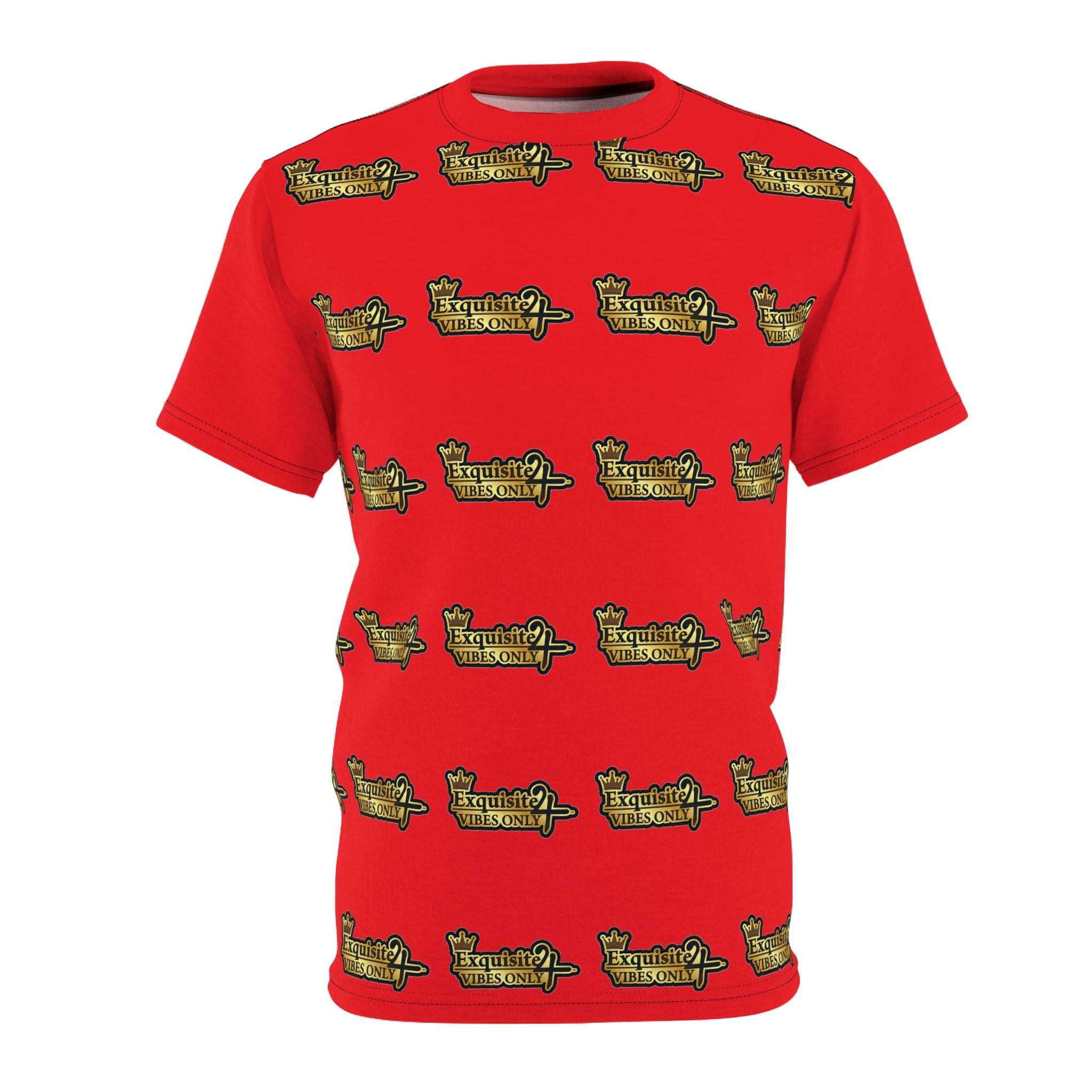 Exquisite 24 Vibes Only Gold Pattern Tee — Red All-Over Print T-Shirt
