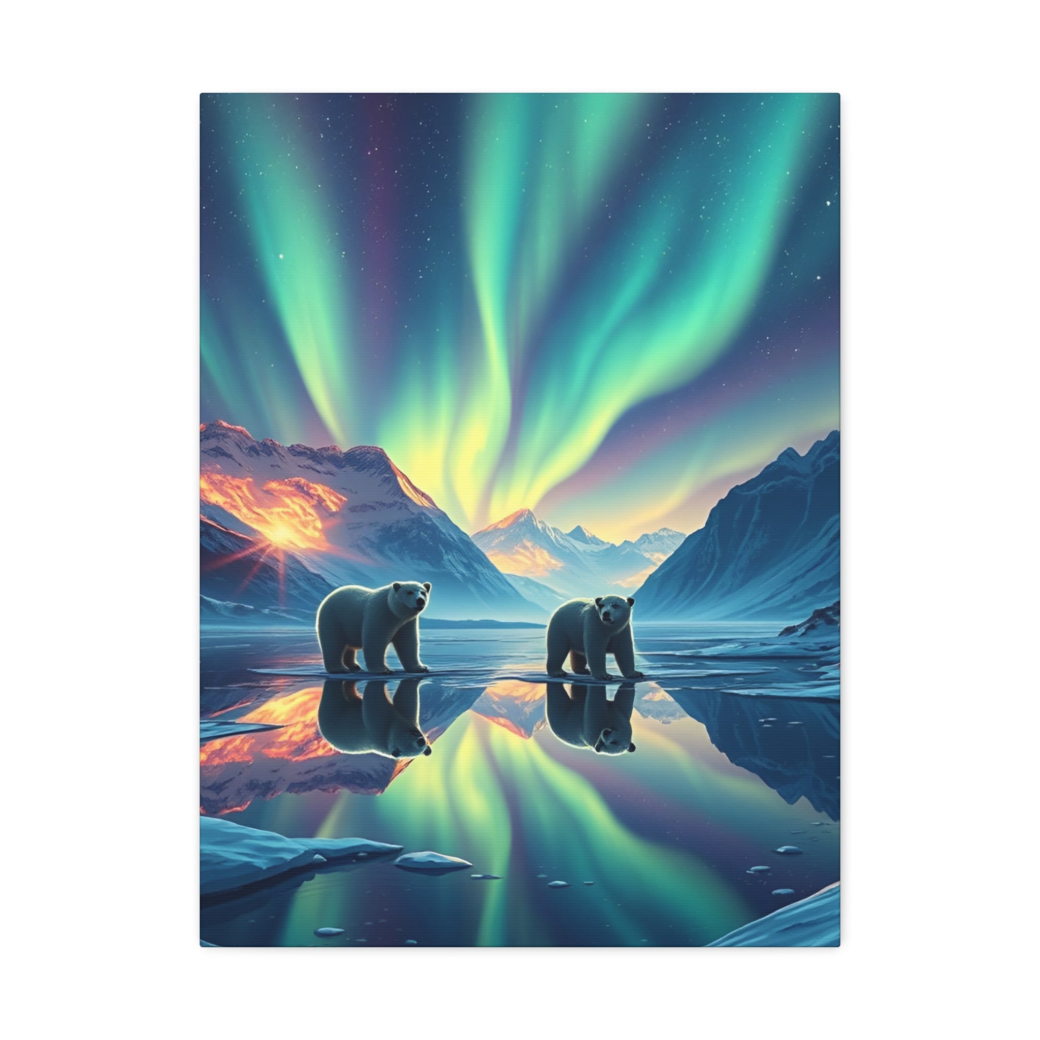 Aurora Polar Bears Stretched Canvas - Northern Lights Wildlife Wall Art
