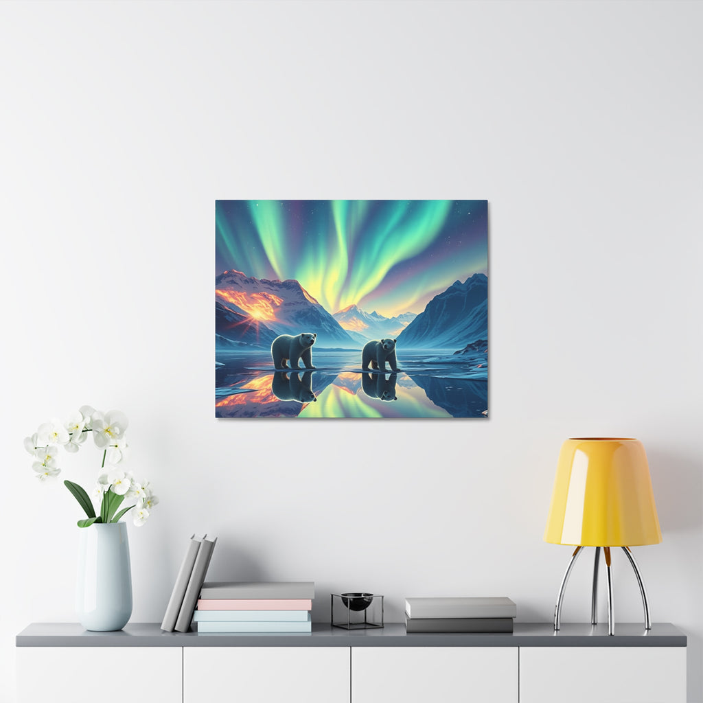Aurora Polar Bears Stretched Canvas - Northern Lights Wildlife Wall Art