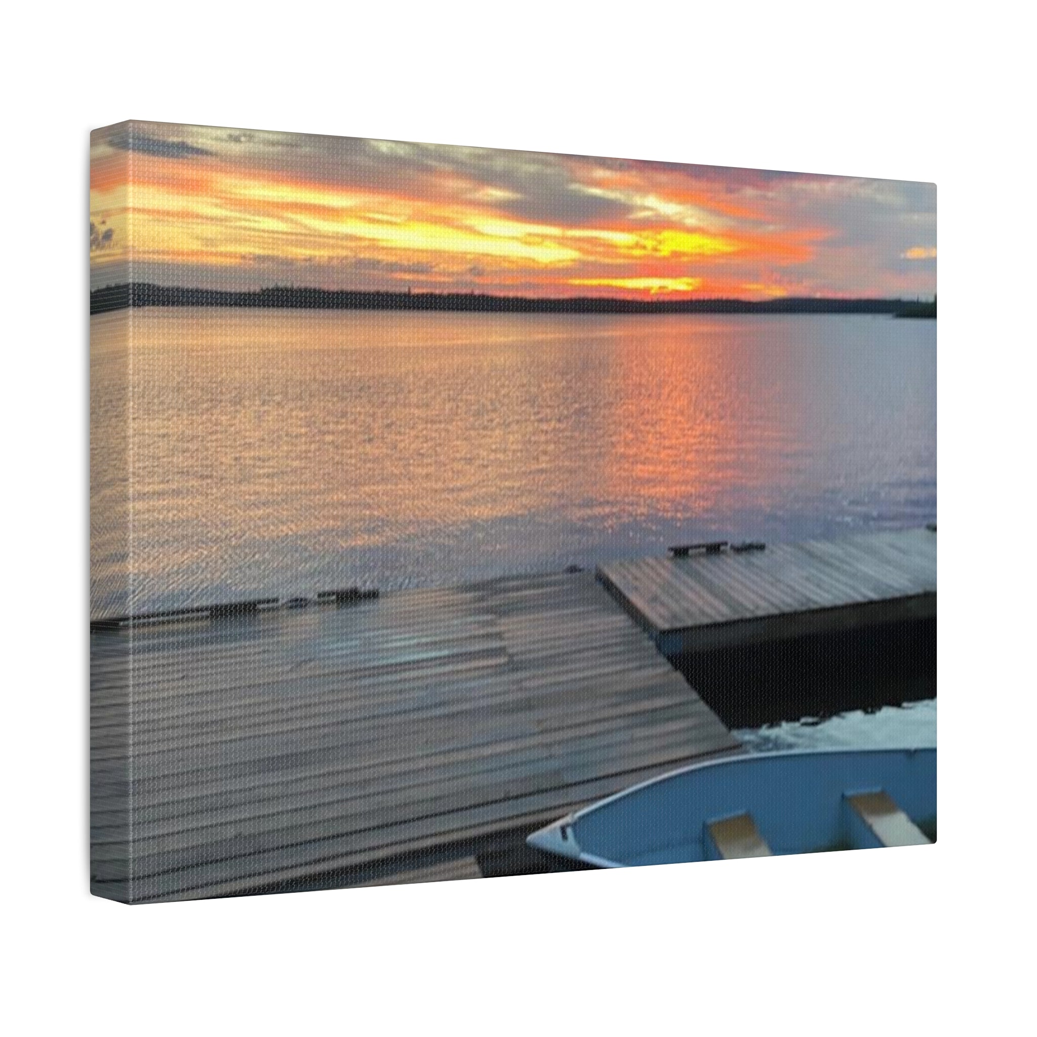 Sunset Lake Dock Stretched Canvas - Tranquil Waterfront Wall Art