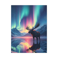 Aurora Moose Stretched Canvas – Northern Lights Landscape Wall Art