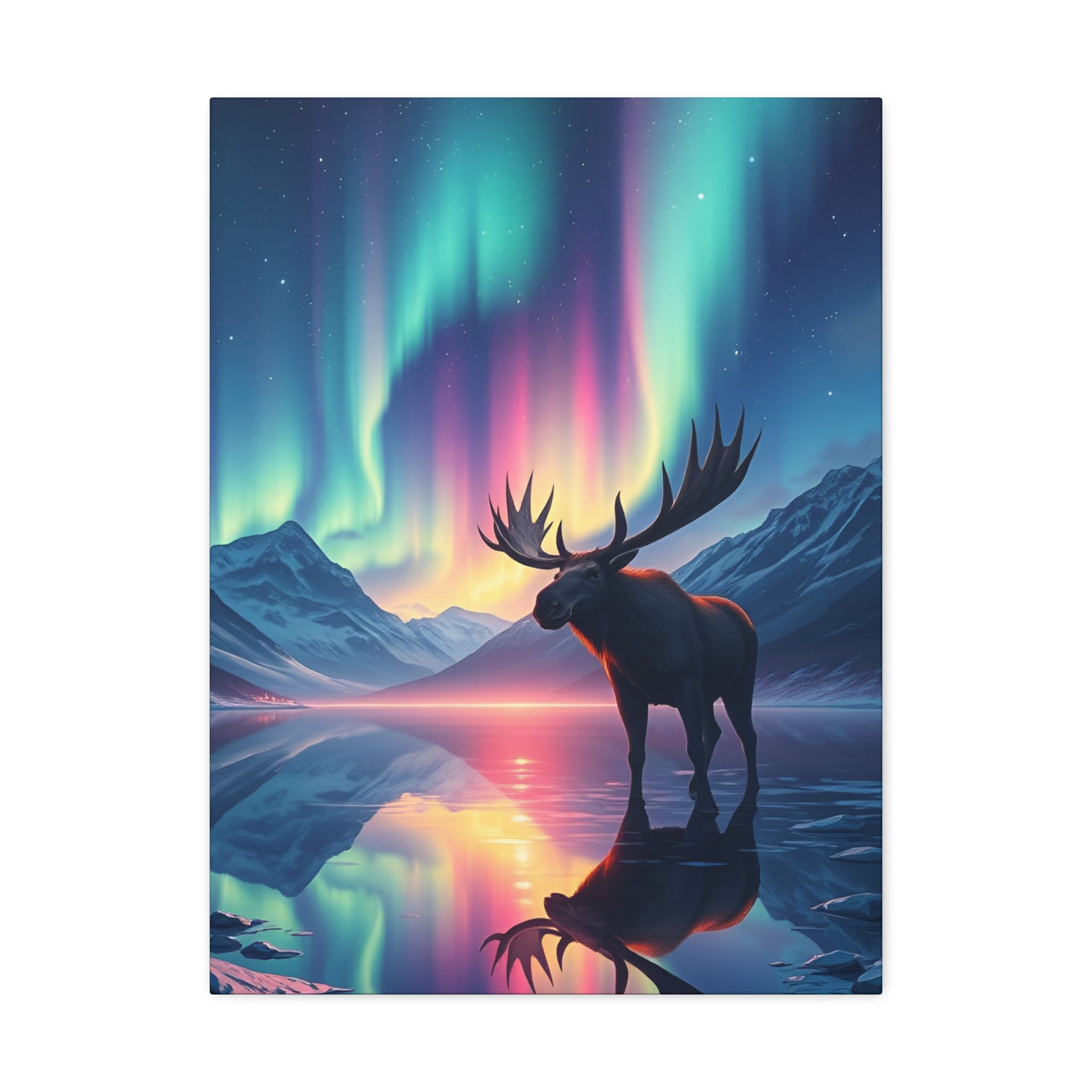 Aurora Moose Stretched Canvas – Northern Lights Landscape Wall Art