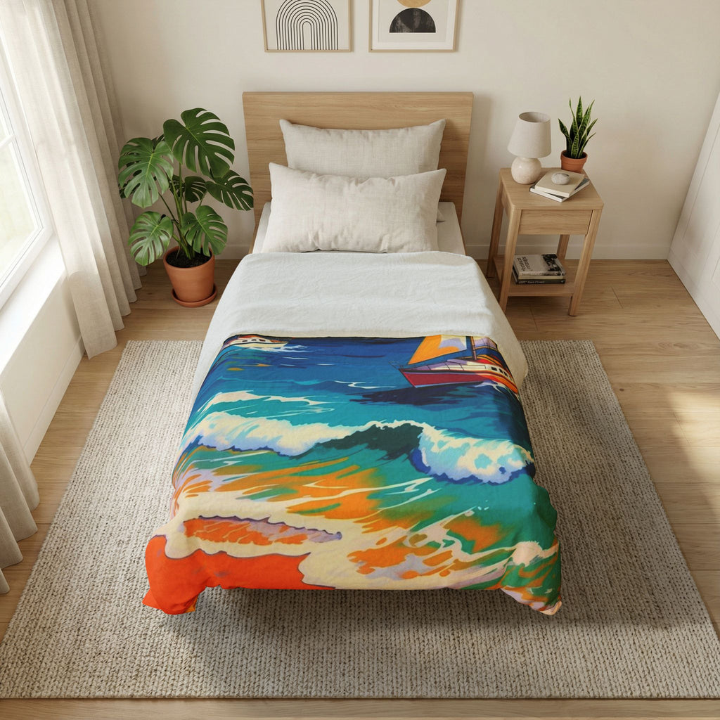 Sailboat Seascape Cotton Duvet Cover — Colorful Ocean Waves Beach Bedding