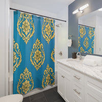 Damask Gold Floral Shower Curtain - Teal Blue Bathroom Decor