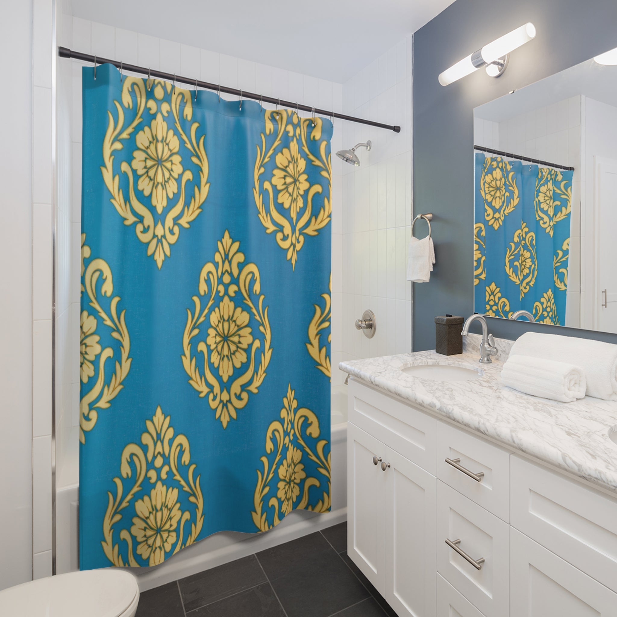 Damask Gold Floral Shower Curtain - Teal Blue Bathroom Decor