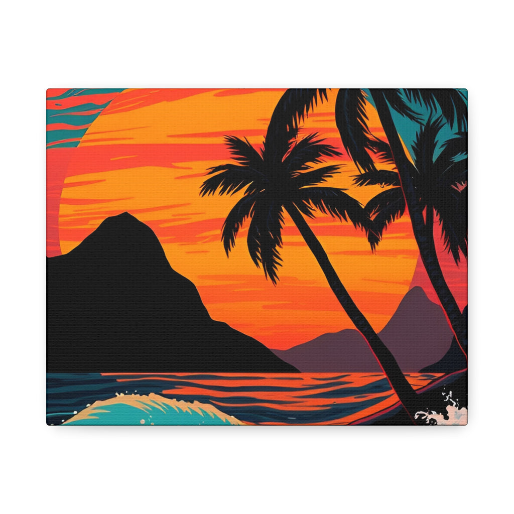 Tropical Sunset Canvas Wall Art — Palm Trees and Ocean Waves Stretched Canvas