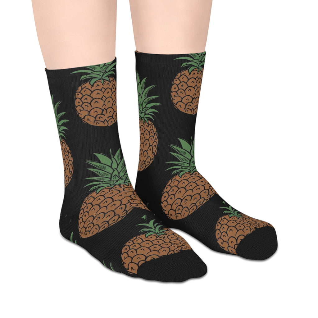 Pineapple Print Mid-Length Socks — Tropical Fruit Pattern Crew Socks