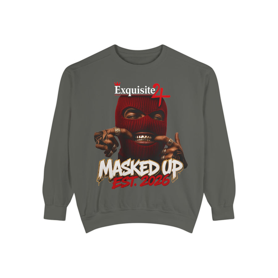 Masked Up Sweatshirt – Exquisite 24 Est. 2026 Graphic Crewneck