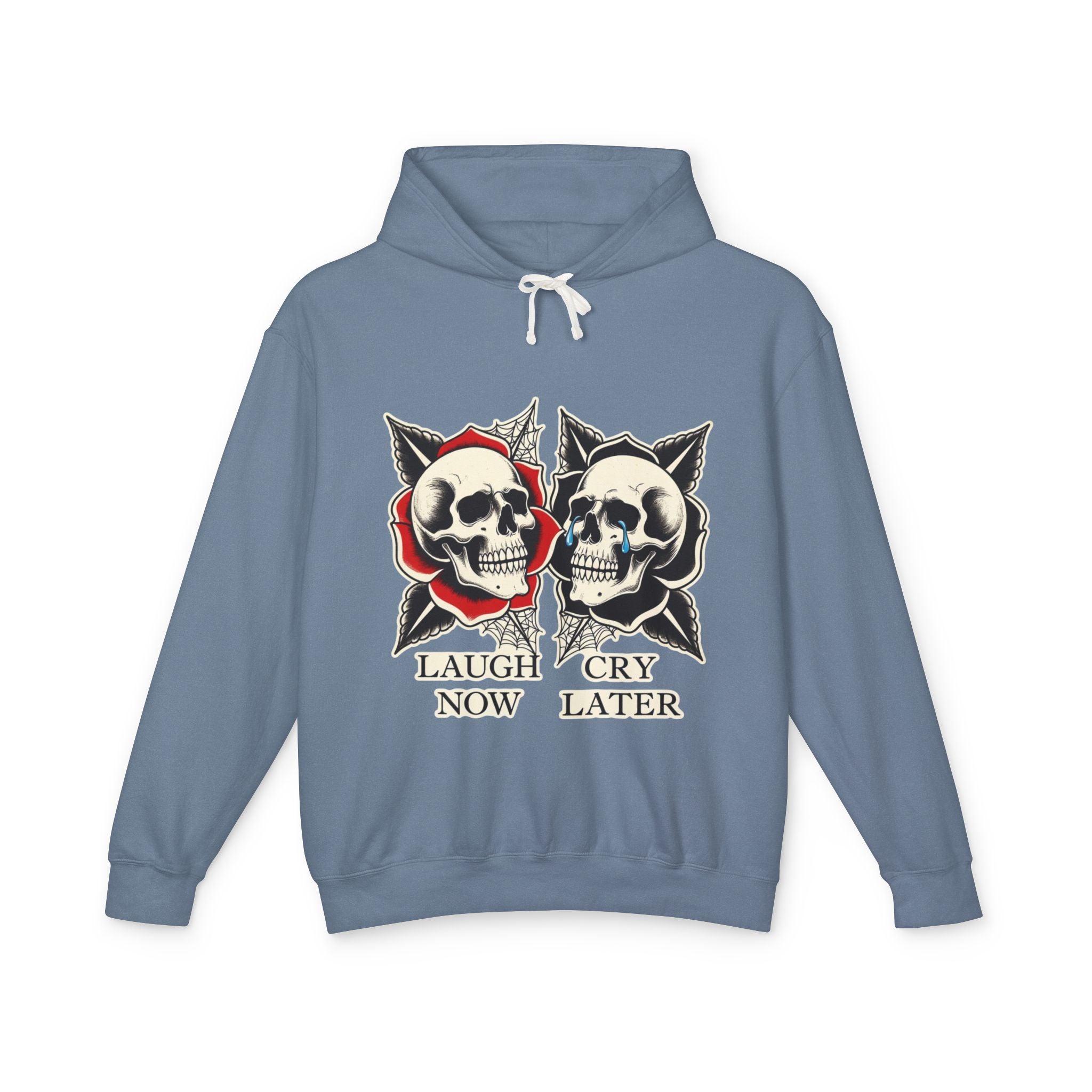 Laugh Now Cry Later Skull Hoodie — Vintage Expressive Skull Hooded Sweatshirt