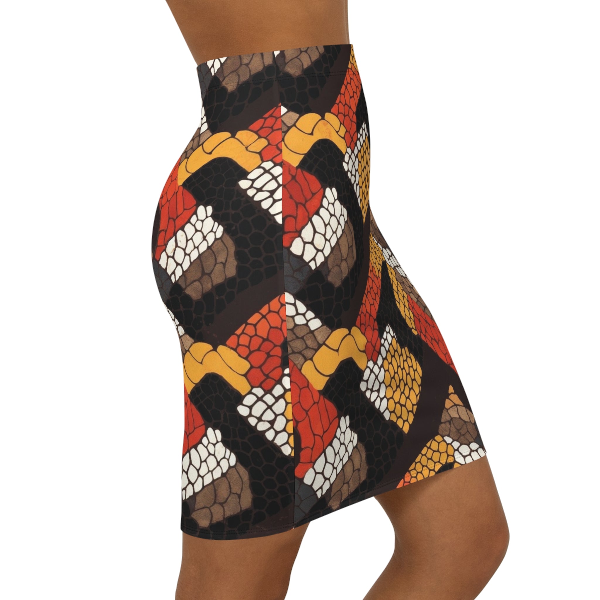 Autumn Snake-Scale Pencil Skirt — Bold Geometric Fall Print