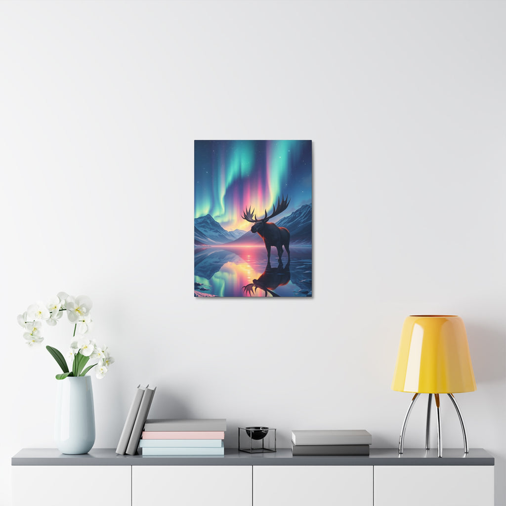 Aurora Moose Stretched Canvas – Northern Lights Landscape Wall Art