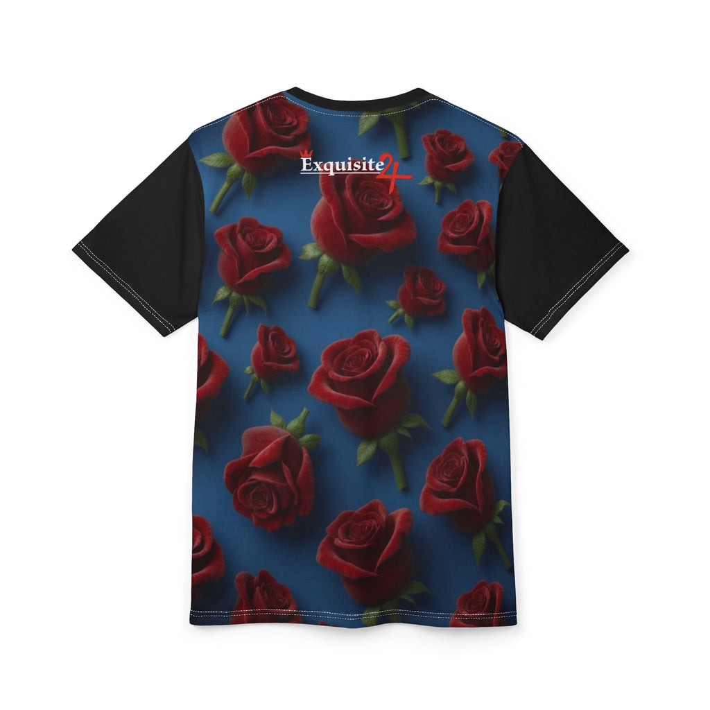 Red Rose Pattern Tee — All-Over Print Floral Blue T-Shirt