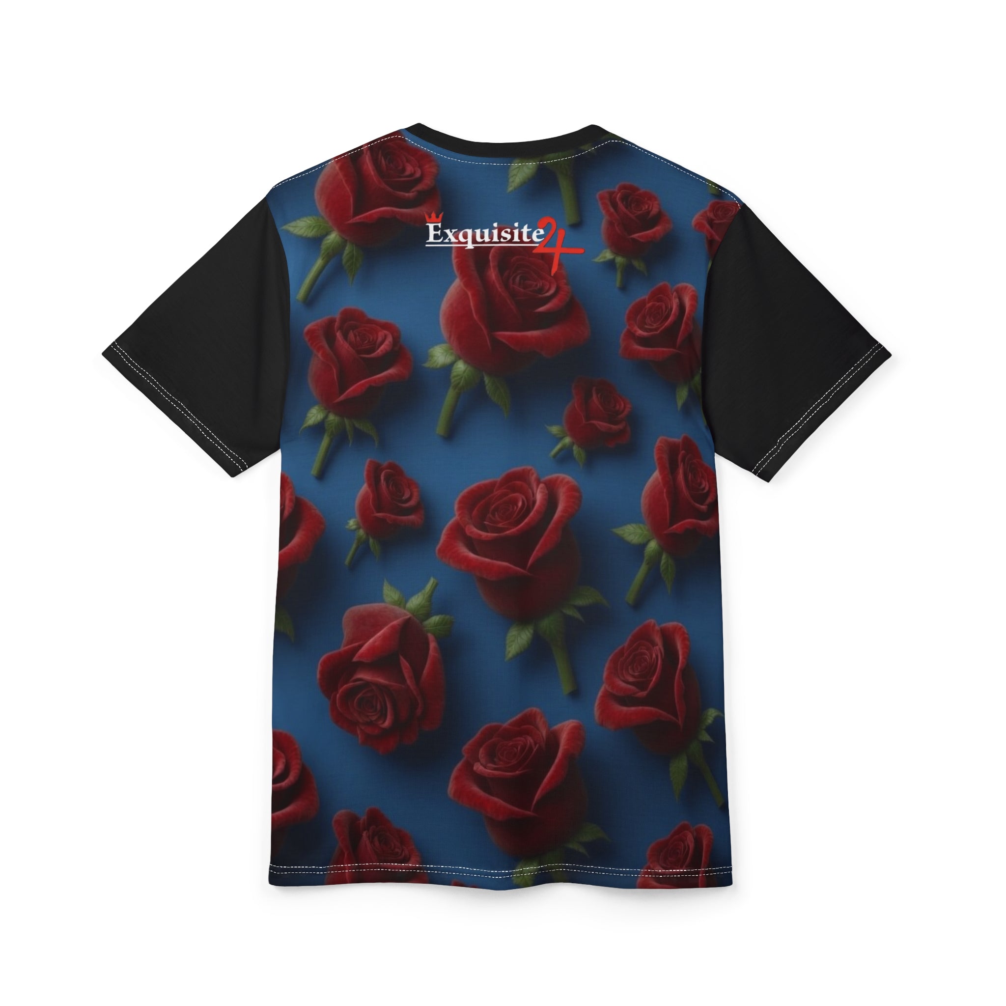 Red Rose Pattern Tee — All-Over Print Floral Blue T-Shirt