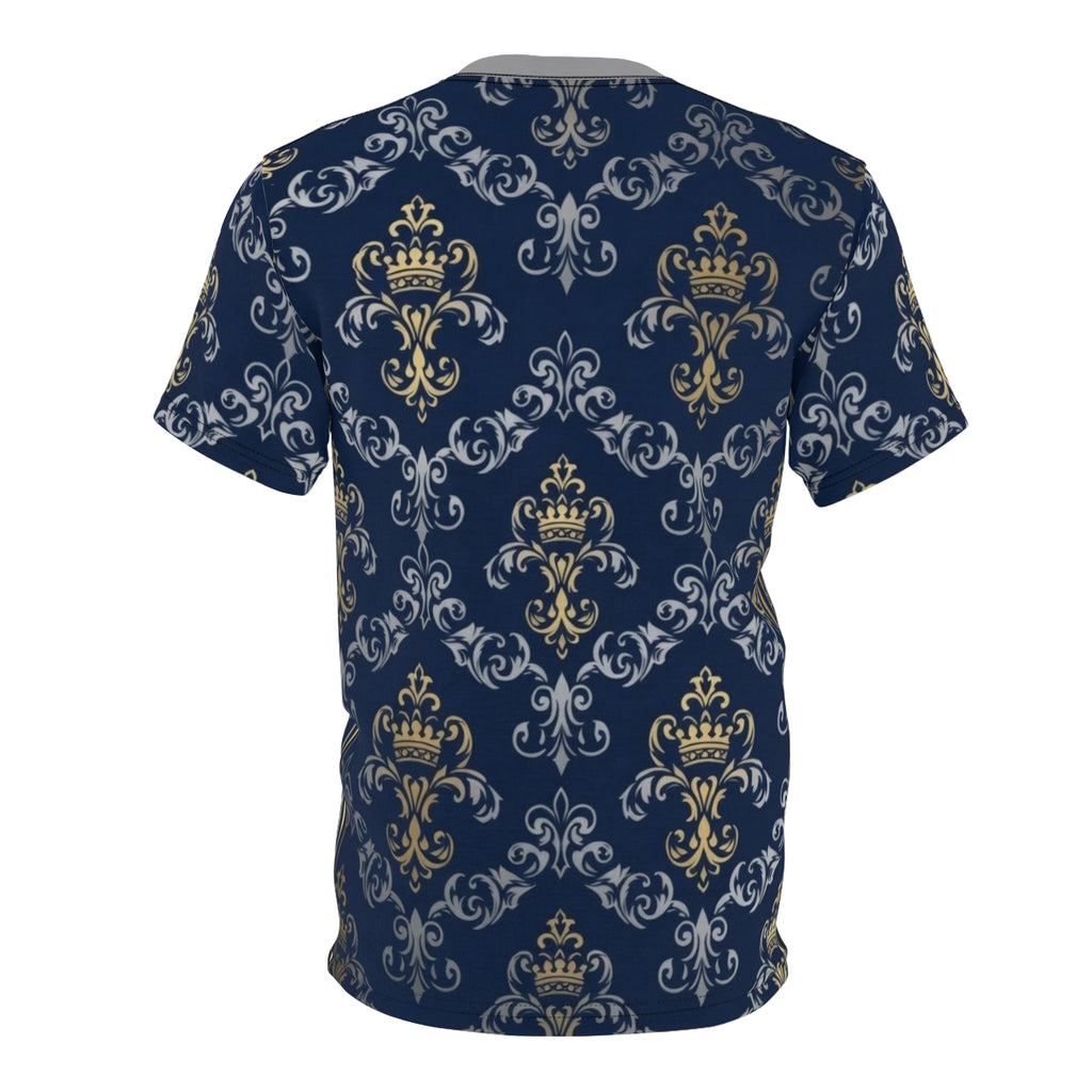 Royal Crest Pattern Tee — Navy Gold Damask All-Over Print T-Shirt