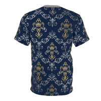 Royal Crest Pattern Tee — Navy Gold Damask All-Over Print T-Shirt