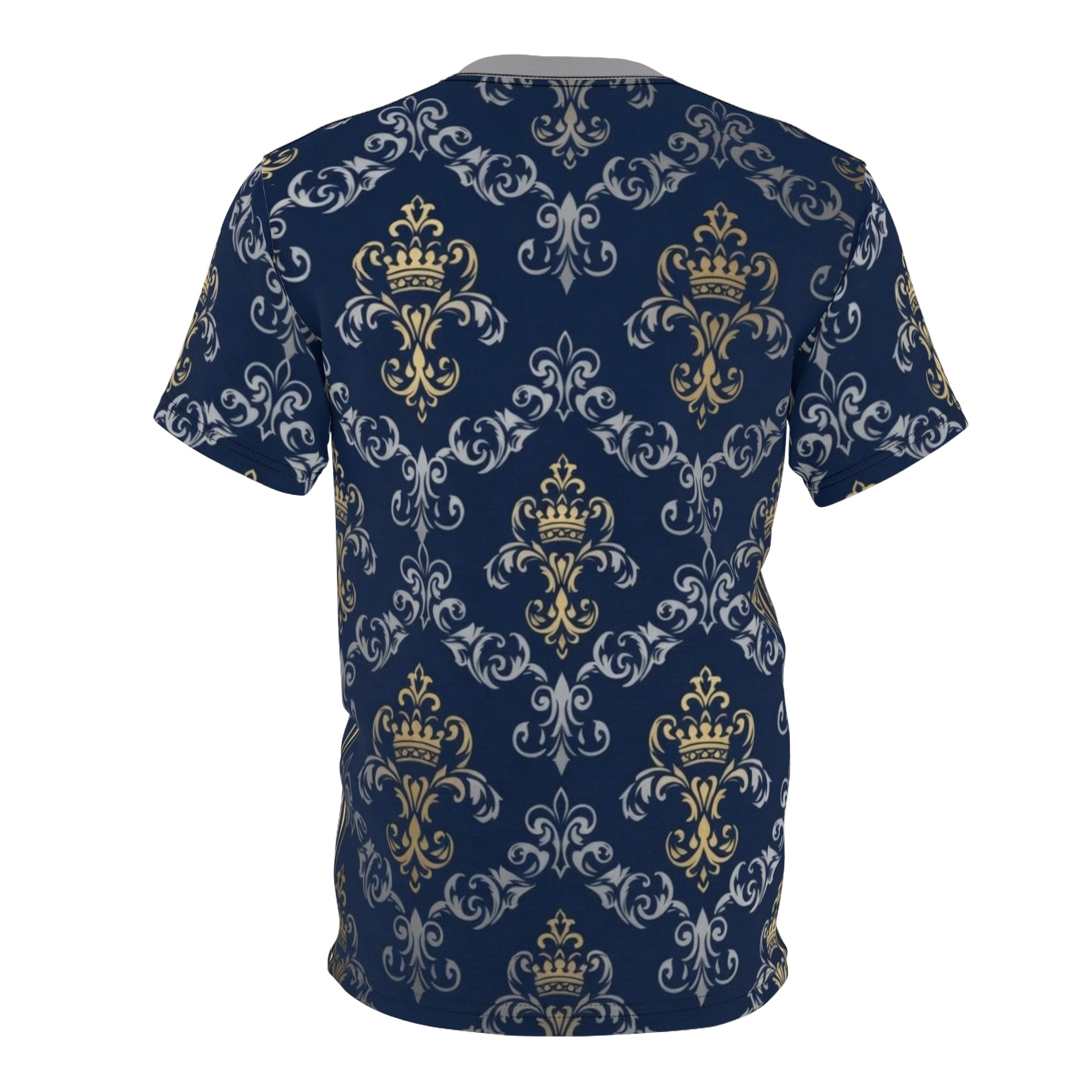 Royal Crest Pattern Tee — Navy Gold Damask All-Over Print T-Shirt