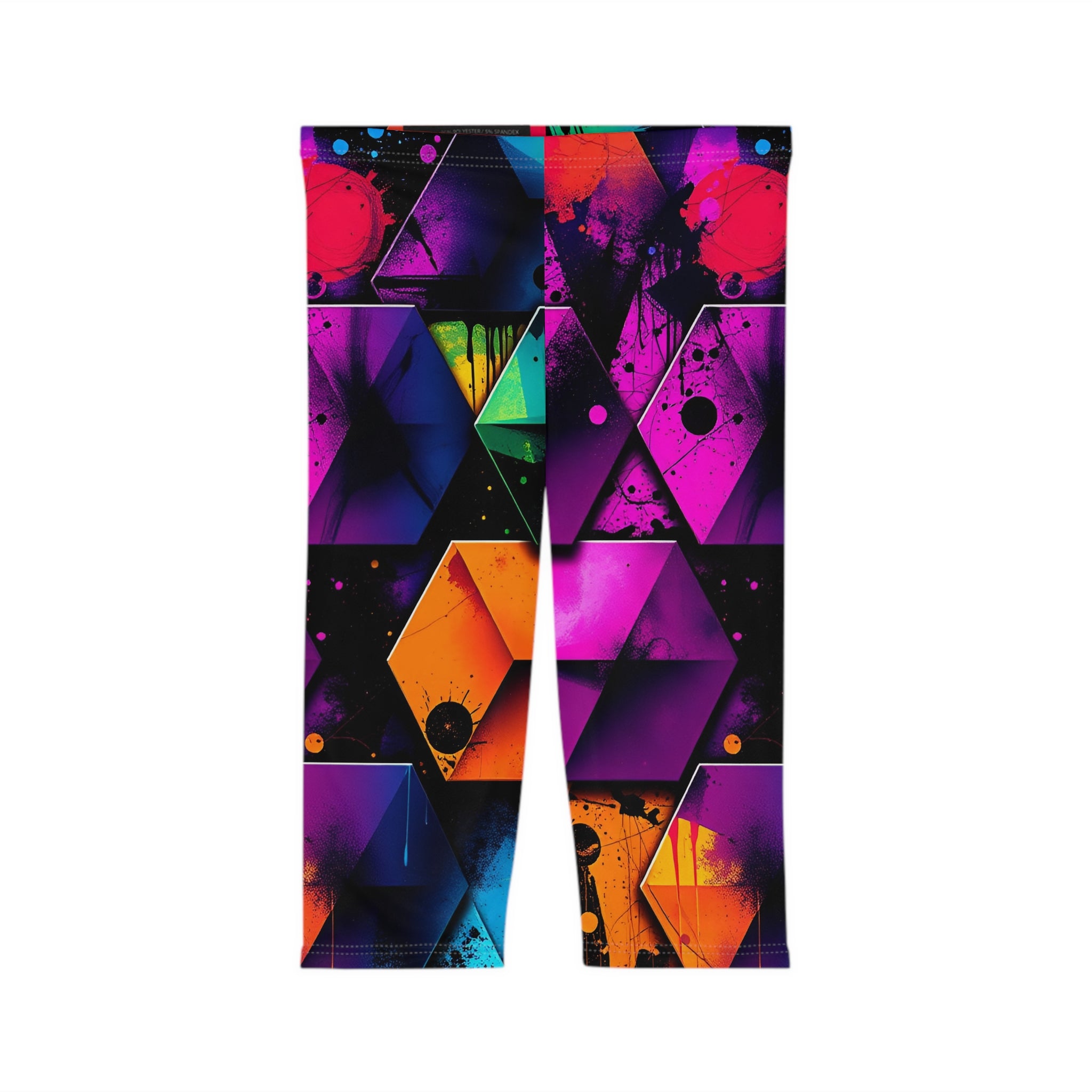 Neon Geometric Capri Leggings — Vibrant Abstract 80s Retro Fitness Crop