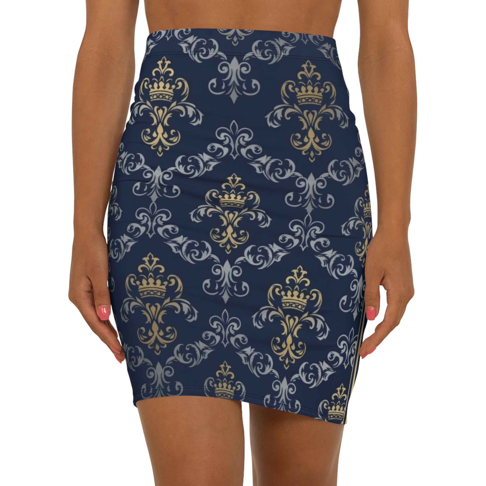Navy Gold Baroque Pencil Skirt — Regal Crown Damask Print