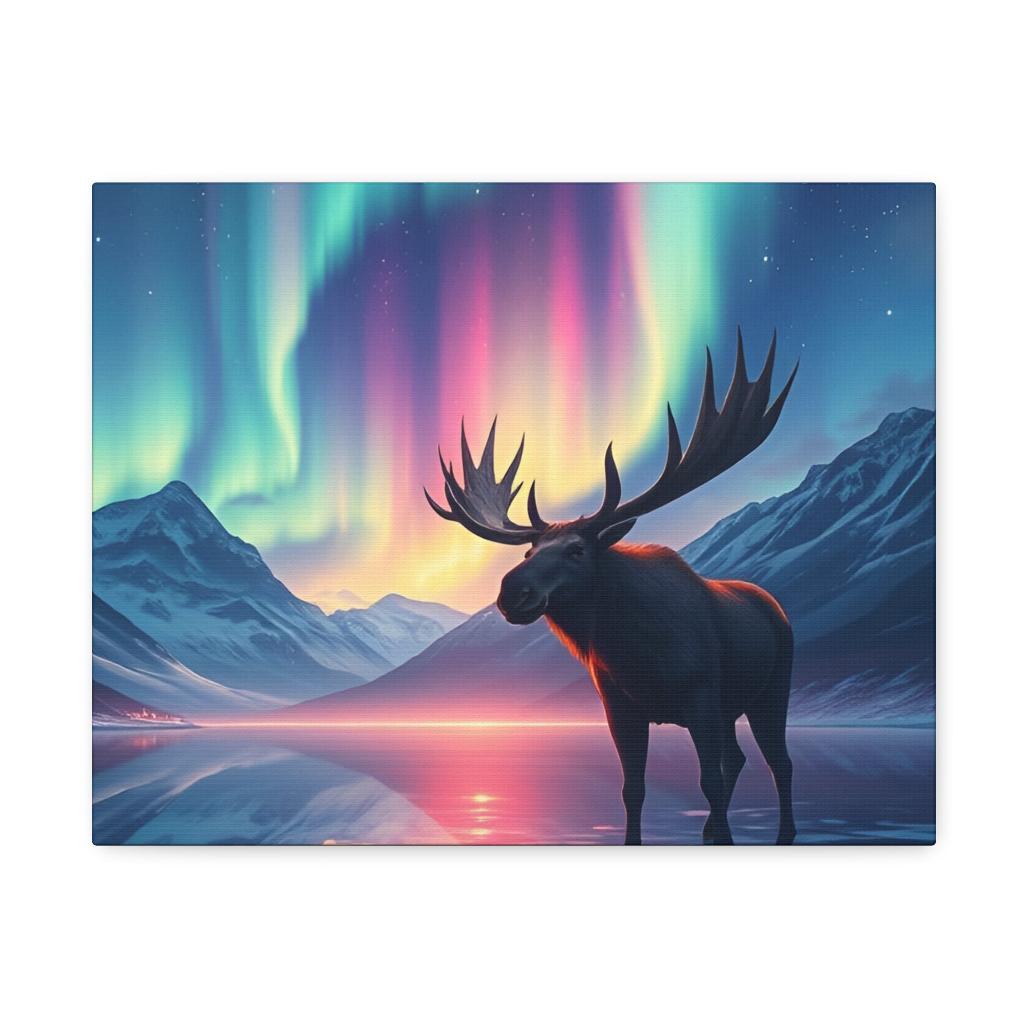 Aurora Moose Stretched Canvas – Northern Lights Landscape Wall Art