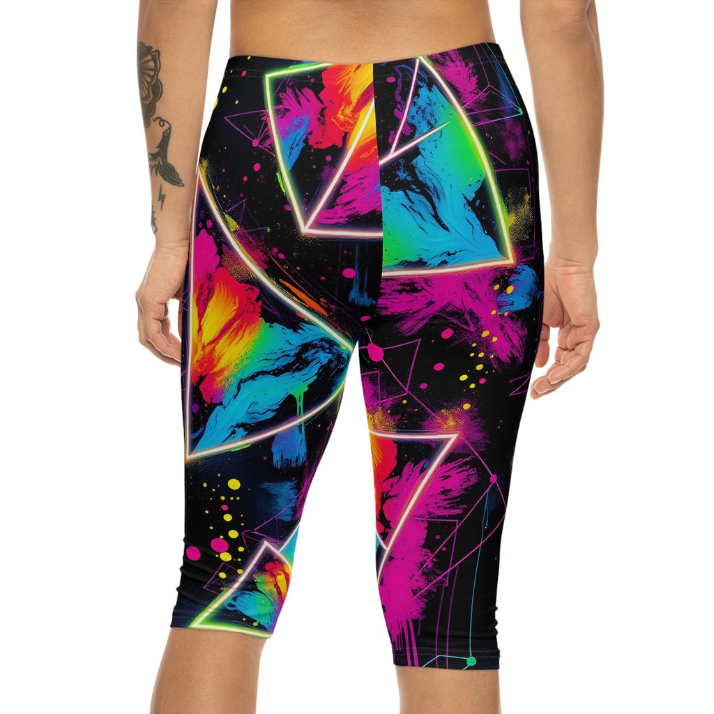 Neon Geo Splash Capri Leggings — Women's Vibrant Abstract Yoga Pants