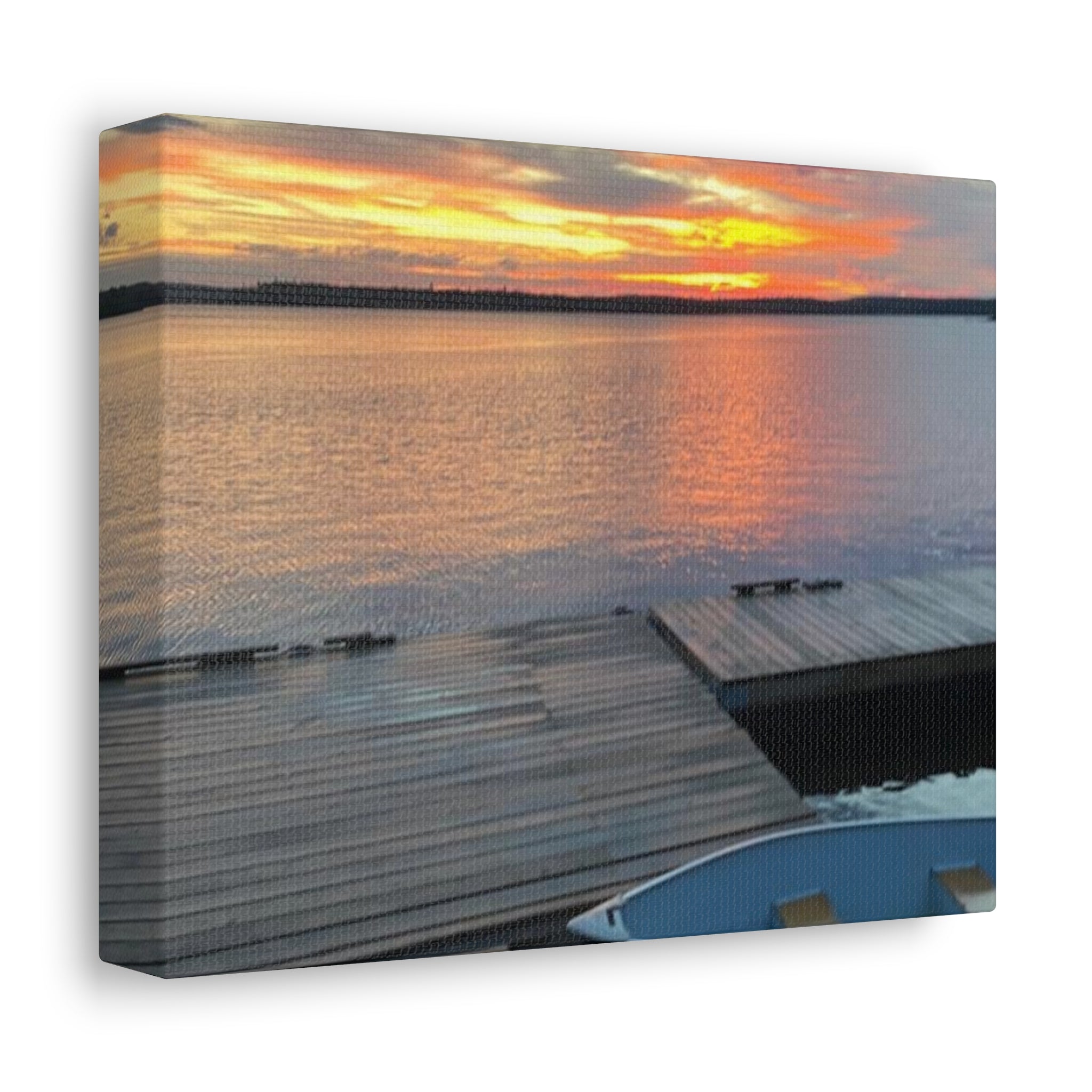 Sunset Lake Dock Stretched Canvas - Tranquil Waterfront Wall Art