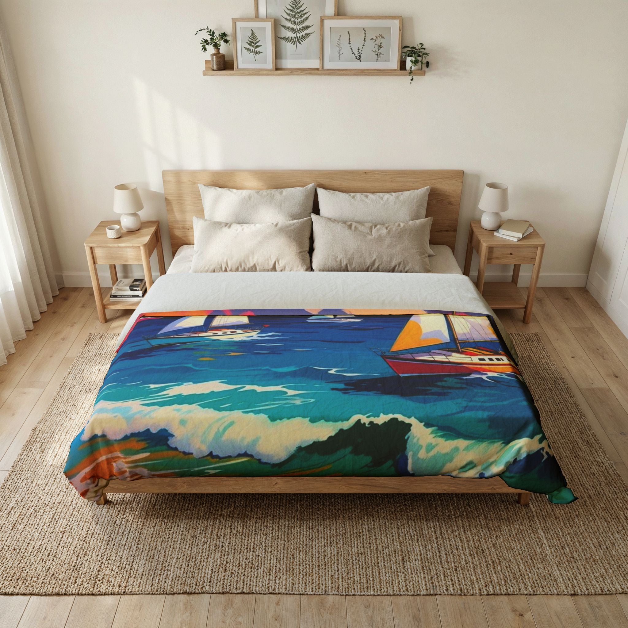 Sailboat Seascape Cotton Duvet Cover — Colorful Ocean Waves Beach Bedding