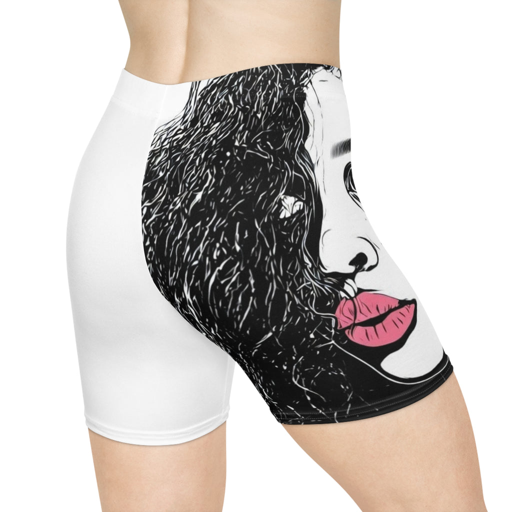 Exquisite 24 Pop Art Women’s Biker Shorts — Monochrome Face with Pink Lips