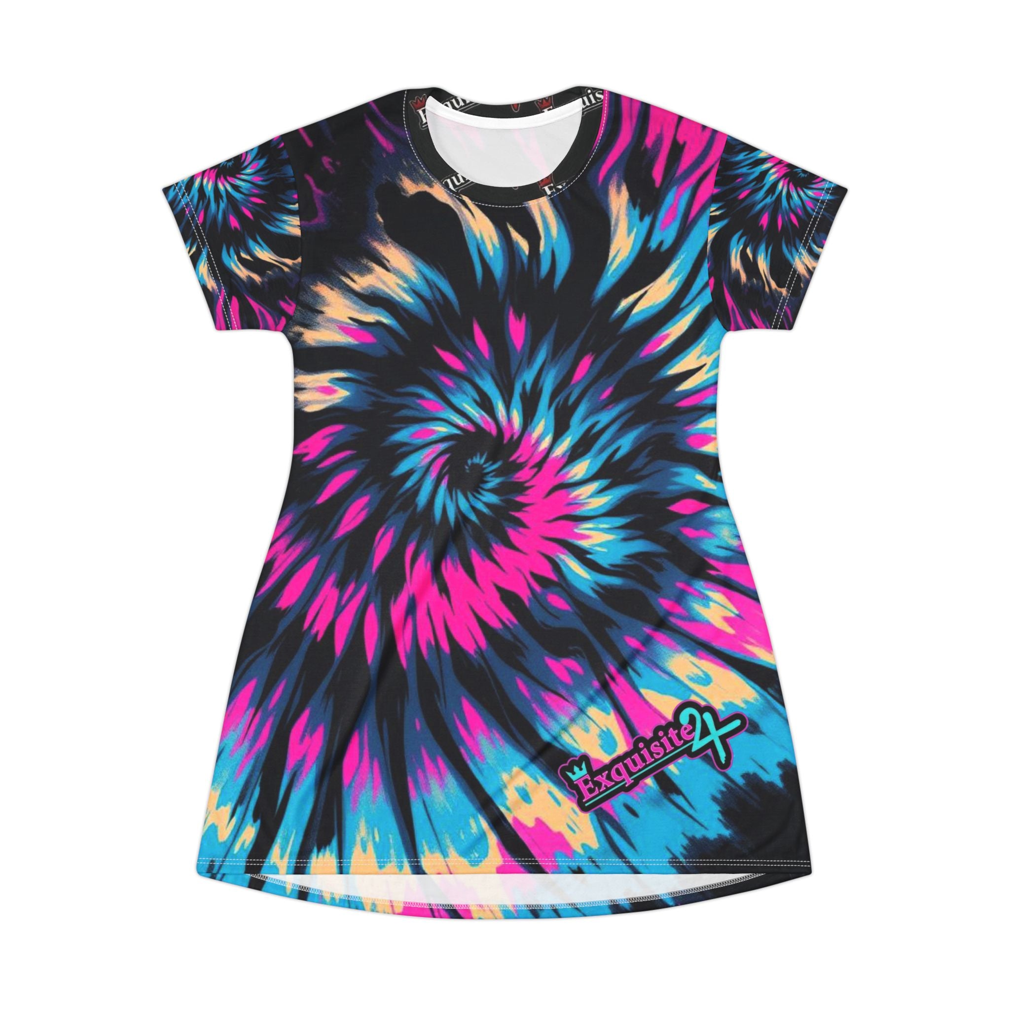 Tie-Dye Spiral T-Shirt Dress — Vibrant Pink & Blue All-Over Print
