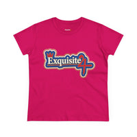 Exquisite 24 Sticker Logo Women's Graphic Tee – Blue with White and Red Rim