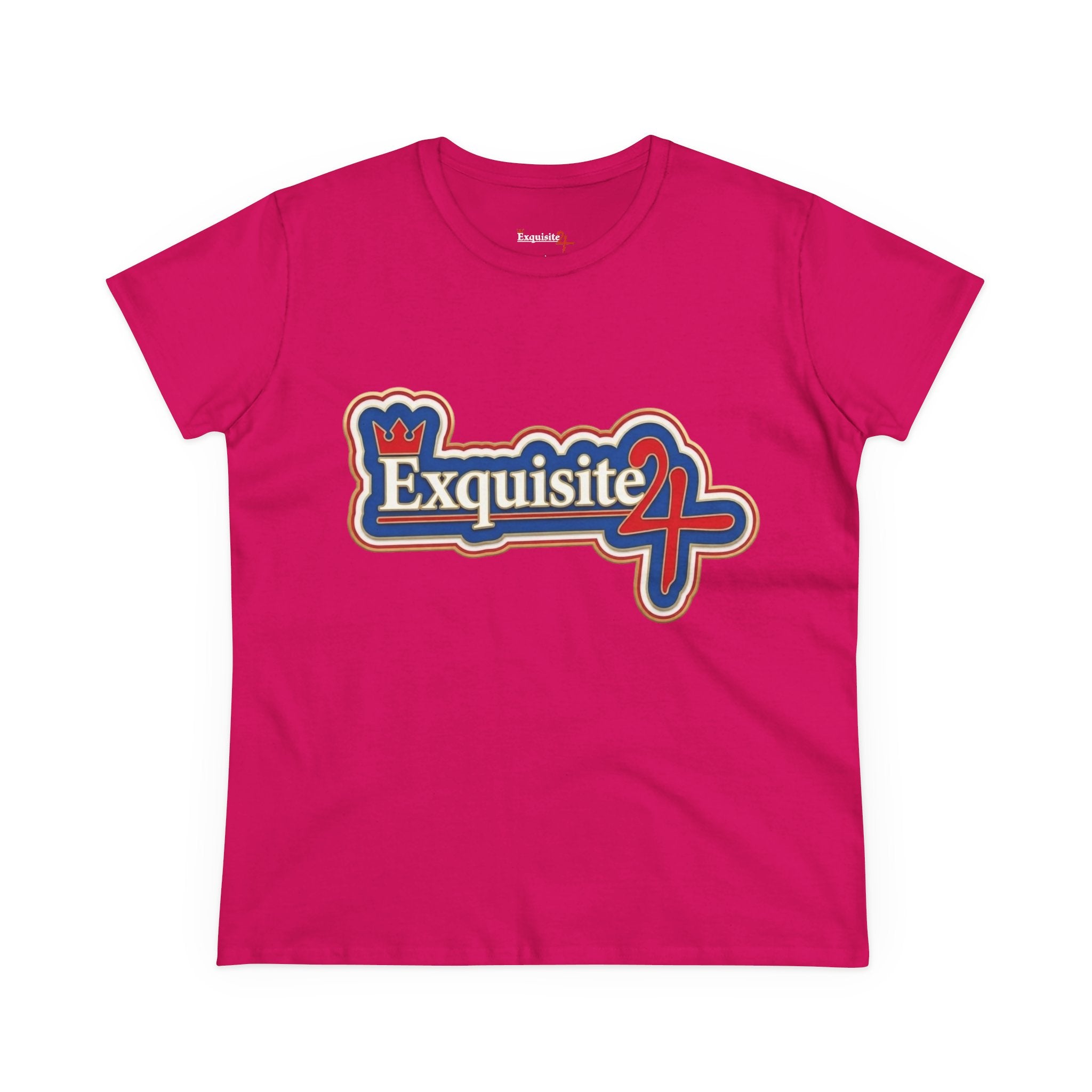 Exquisite 24 Sticker Logo Women's Graphic Tee – Blue with White and Red Rim
