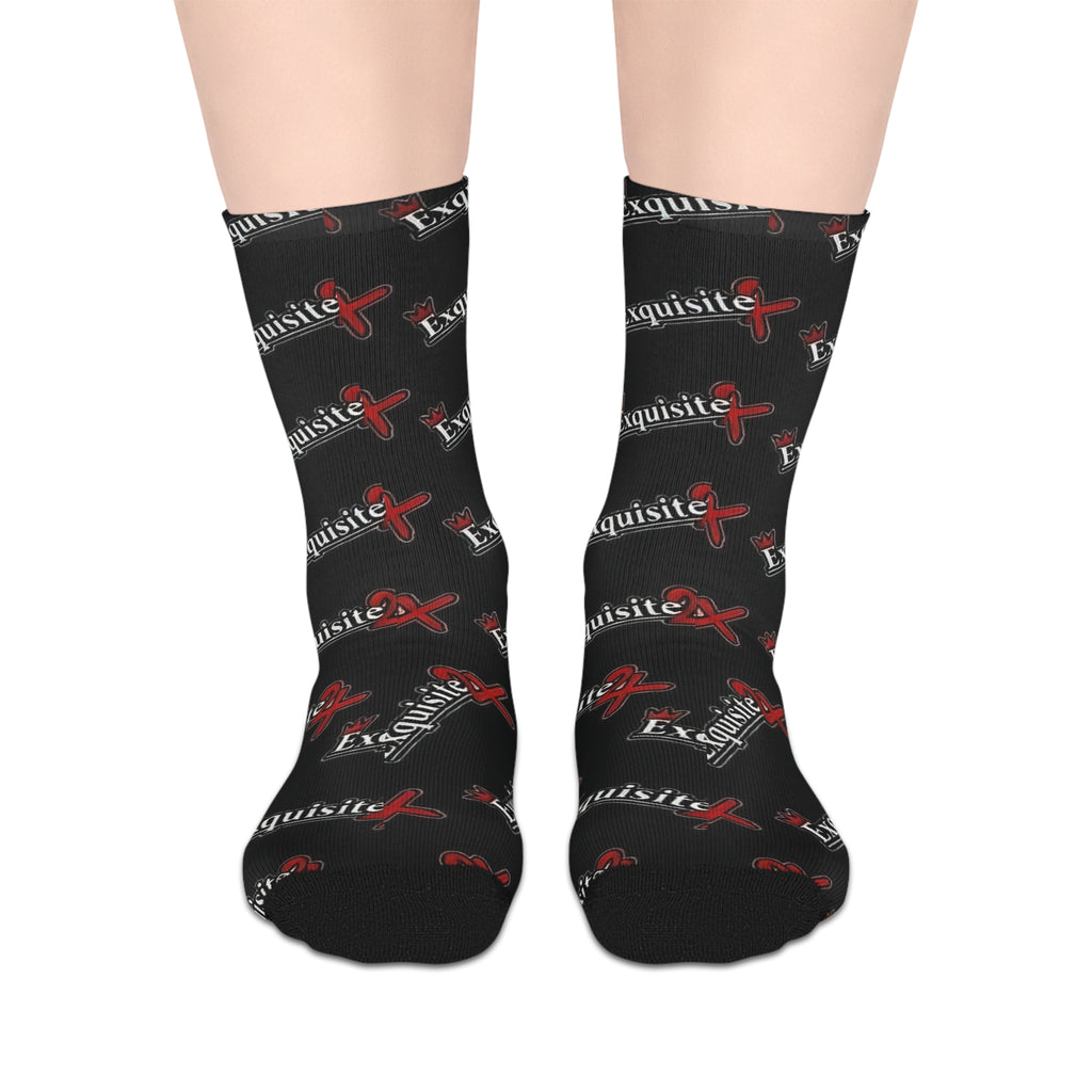 Exquisite 24 Black Logo Mid-Length Socks — Branded Streetwear Crew Socks
