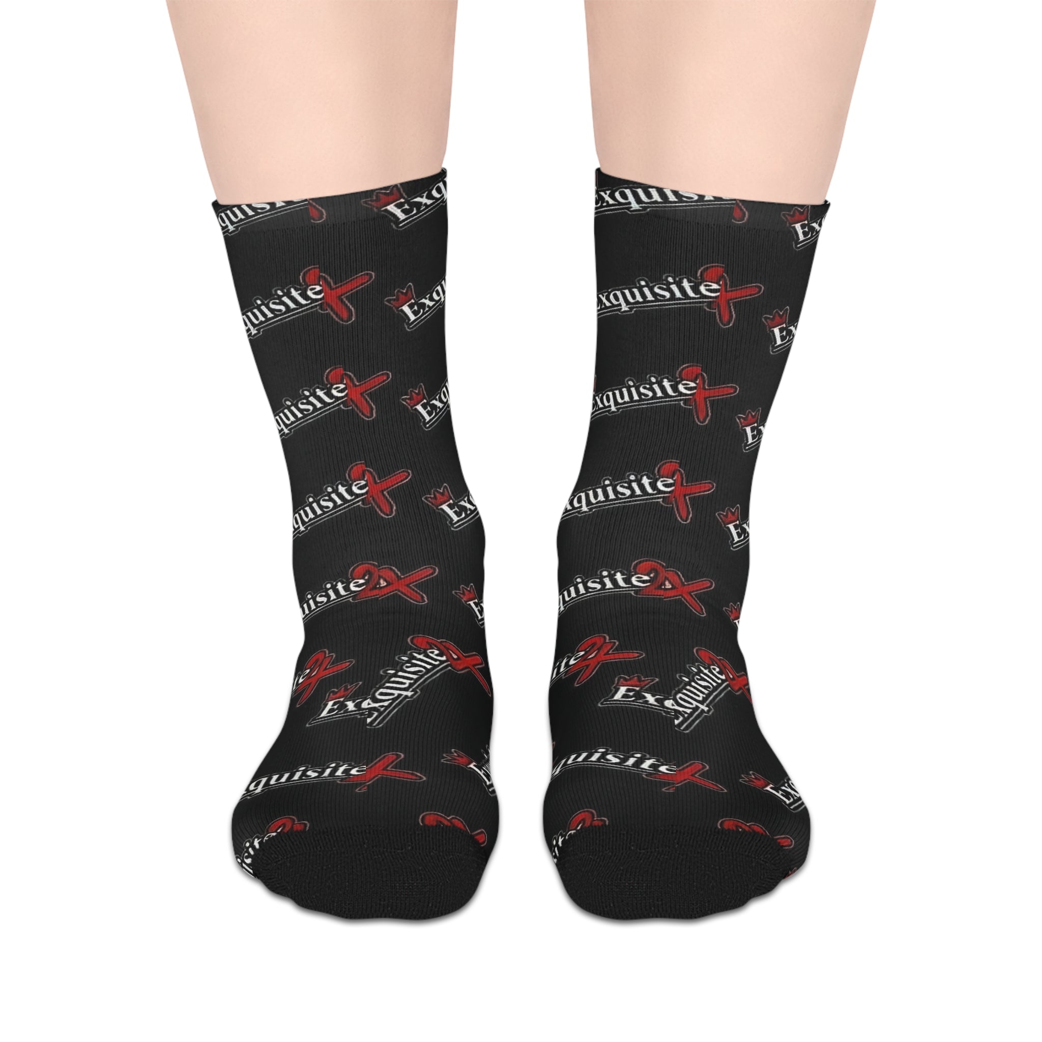Exquisite 24 Black Logo Mid-Length Socks — Branded Streetwear Crew Socks