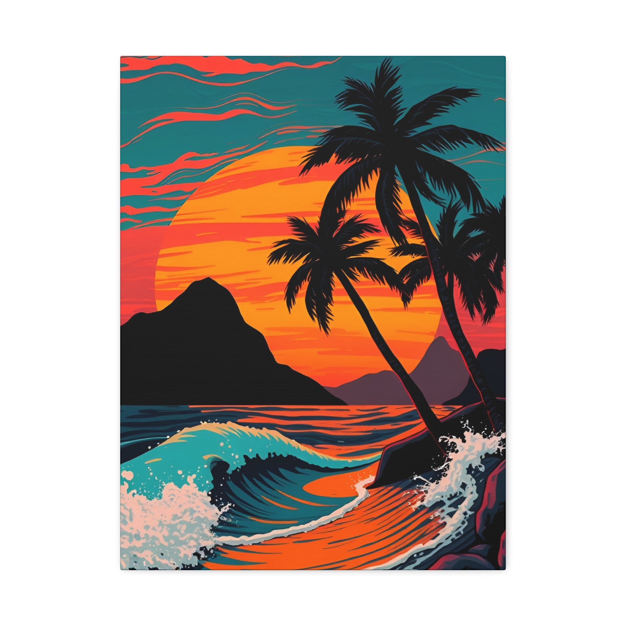 Tropical Sunset Canvas Wall Art — Palm Trees and Ocean Waves Stretched Canvas