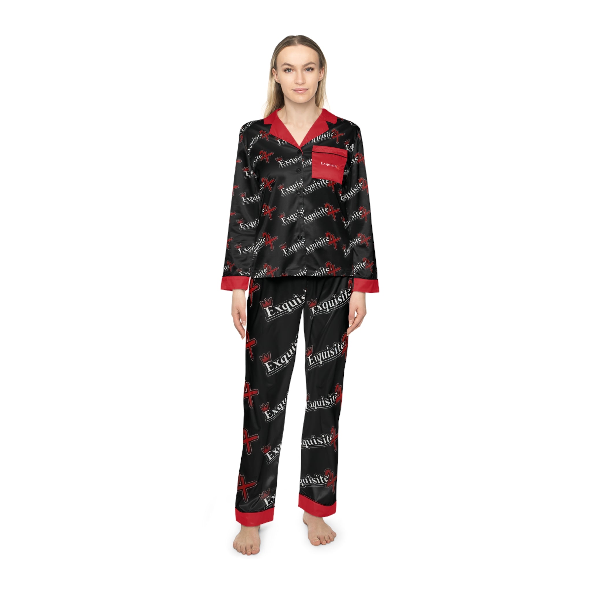 Satin Pajamas - Black & Red 'Exquisite 24' Printed Women's Sleep Set