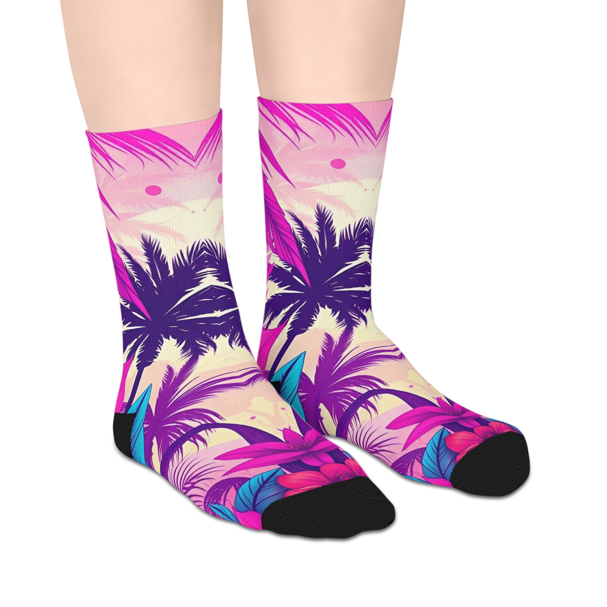 Vibrant Pink Tropical Palm Mid-Length Socks — Bold Summer Vacation Crew Socks