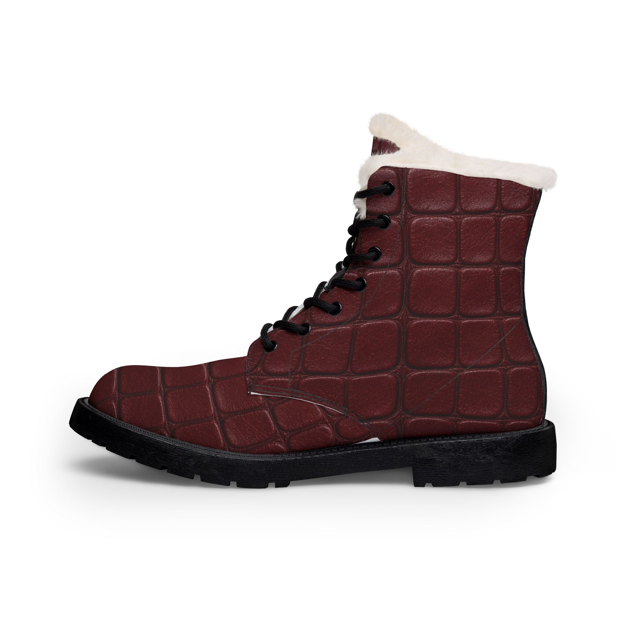 Women's Burgundy Crocodile Print Leather Fur-Lined Boots