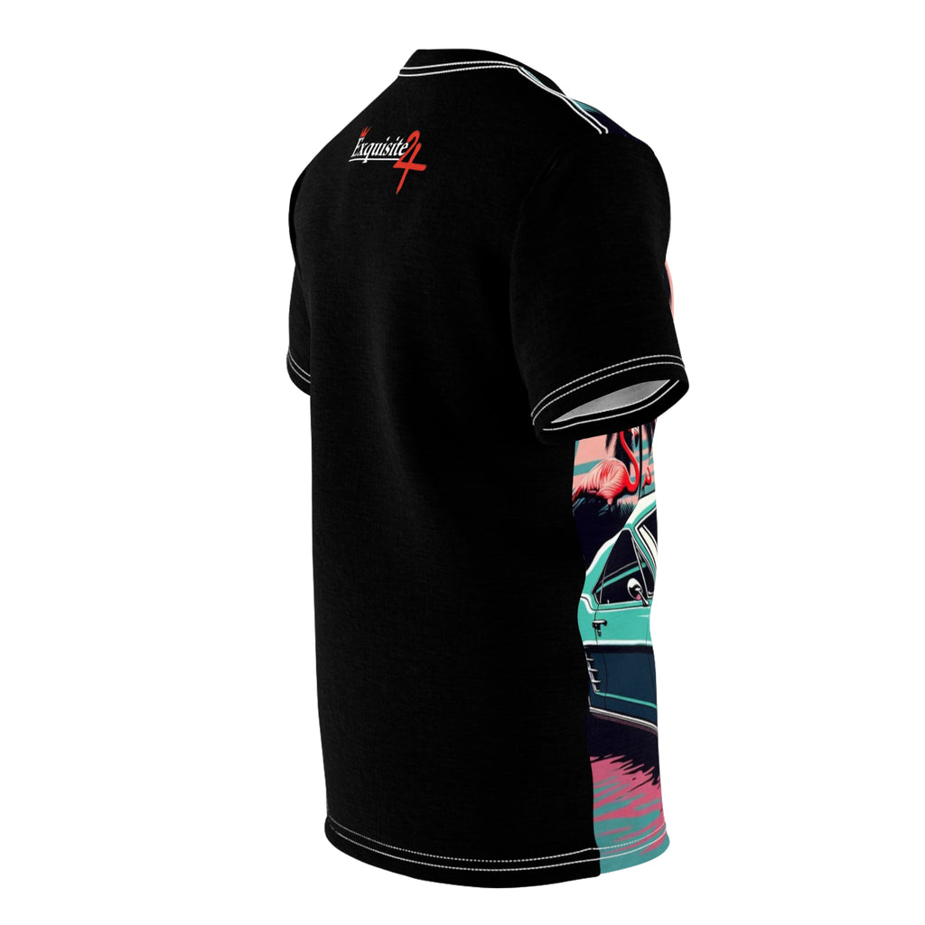 Retro Flamingo Muscle Car Tee — Vintage Tropical Sunset All-Over Print Shirt