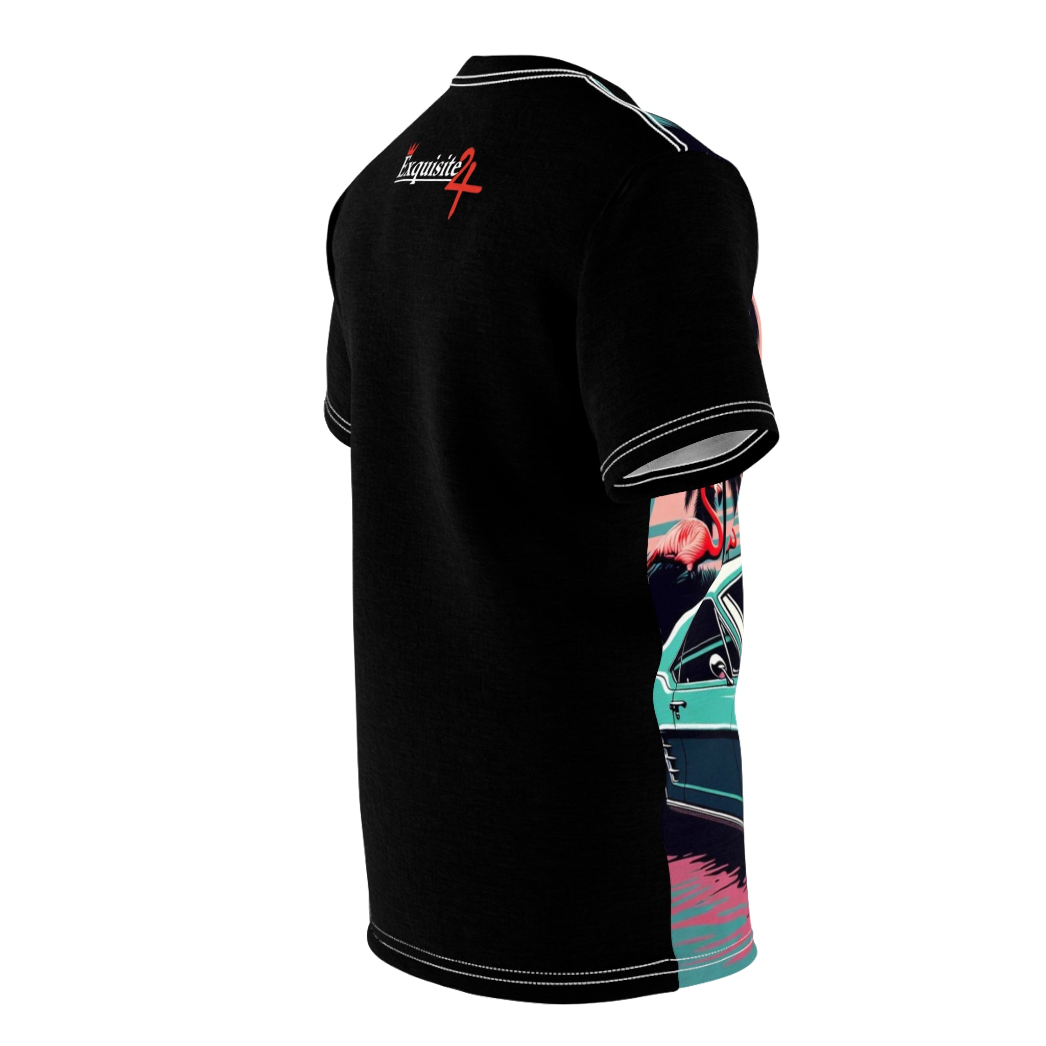 Retro Flamingo Muscle Car Tee — Vintage Tropical Sunset All-Over Print Shirt