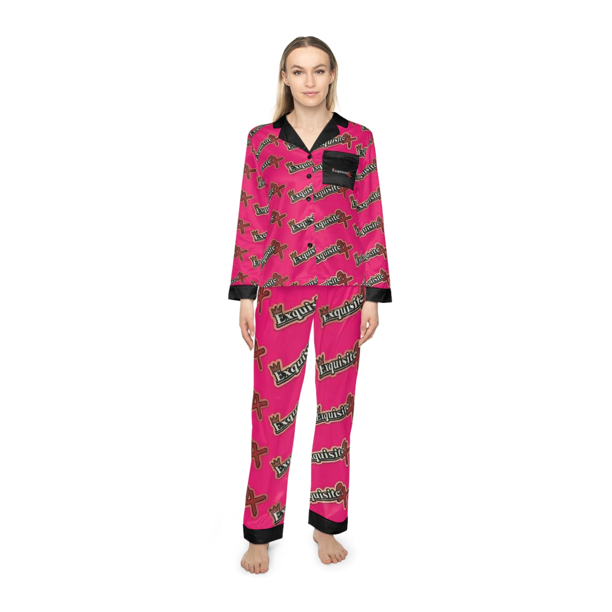 Hot Pink Satin Pajama Set – All-Over ‘ Exquisite 24’ Script Lounge Sleepwear