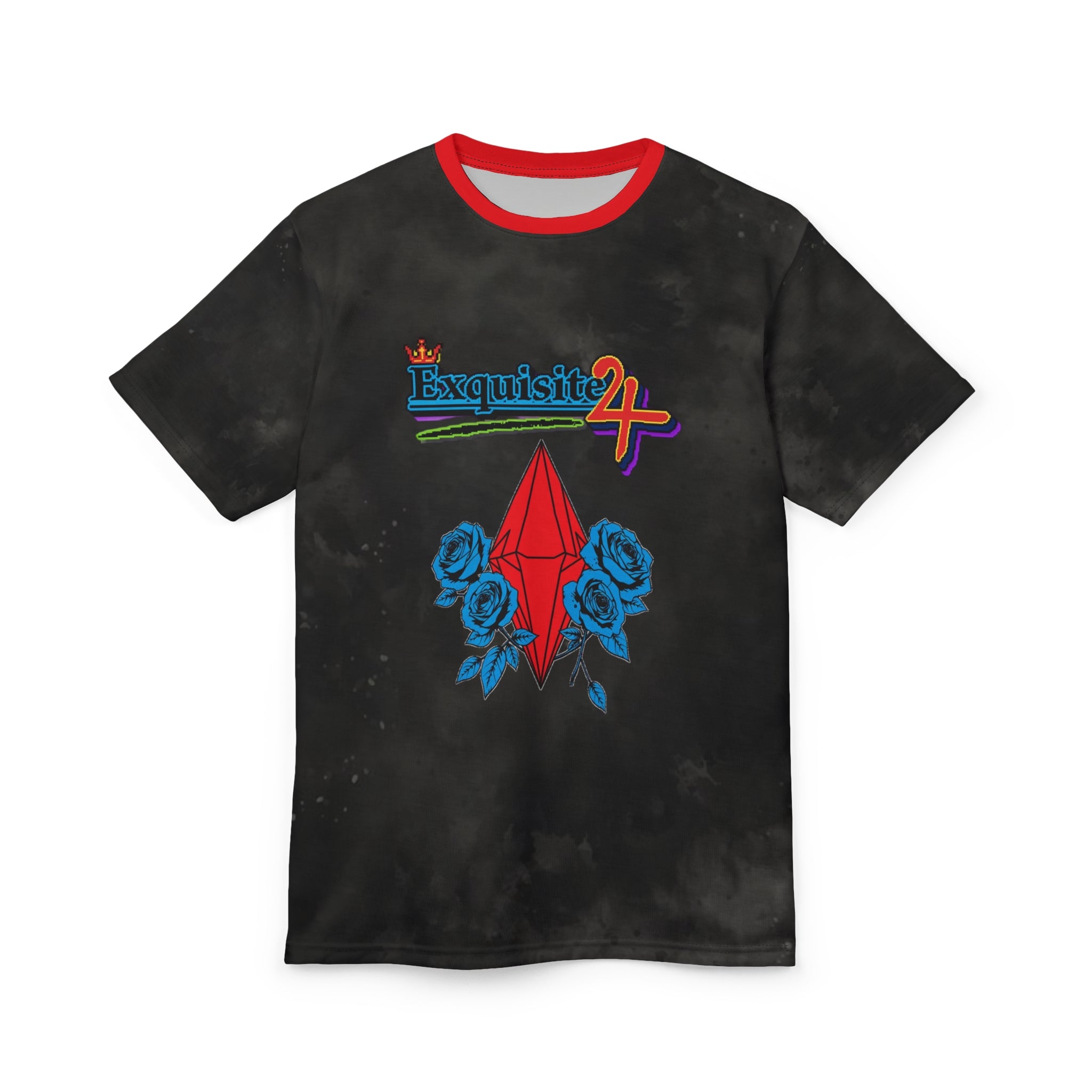 Exquisite 24 Retro Graphic Tee — Red Gem & Blue Roses All-Over Print