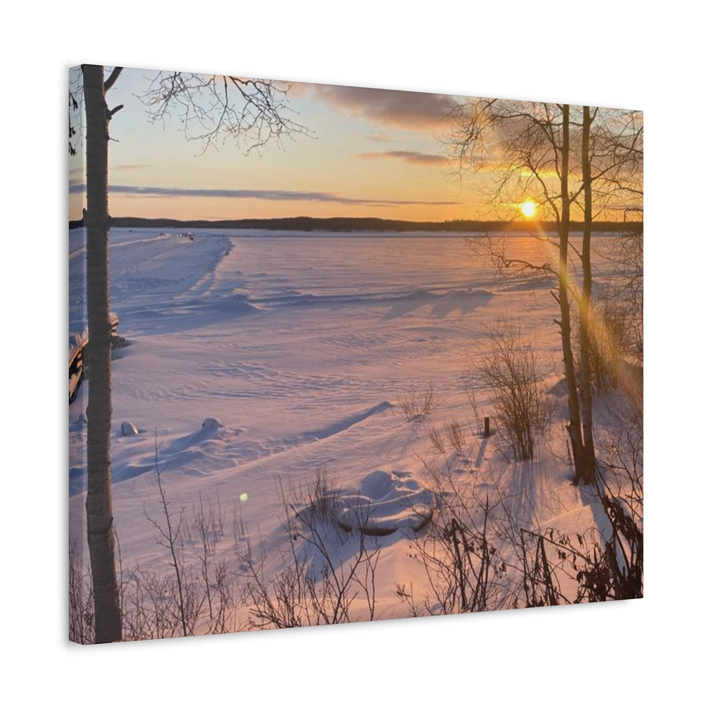 Sunset over Frozen Lake Stretched Canvas Wall Art