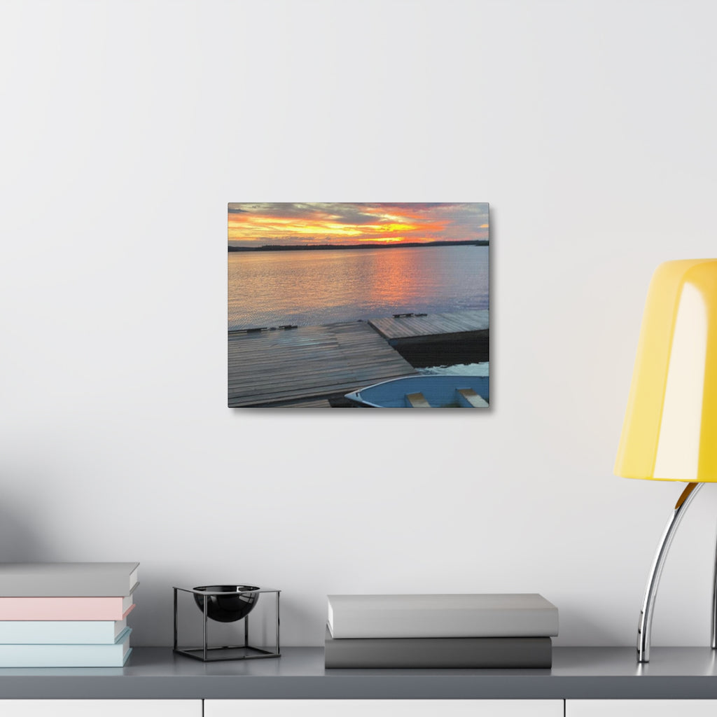 Sunset Lake Dock Stretched Canvas - Tranquil Waterfront Wall Art