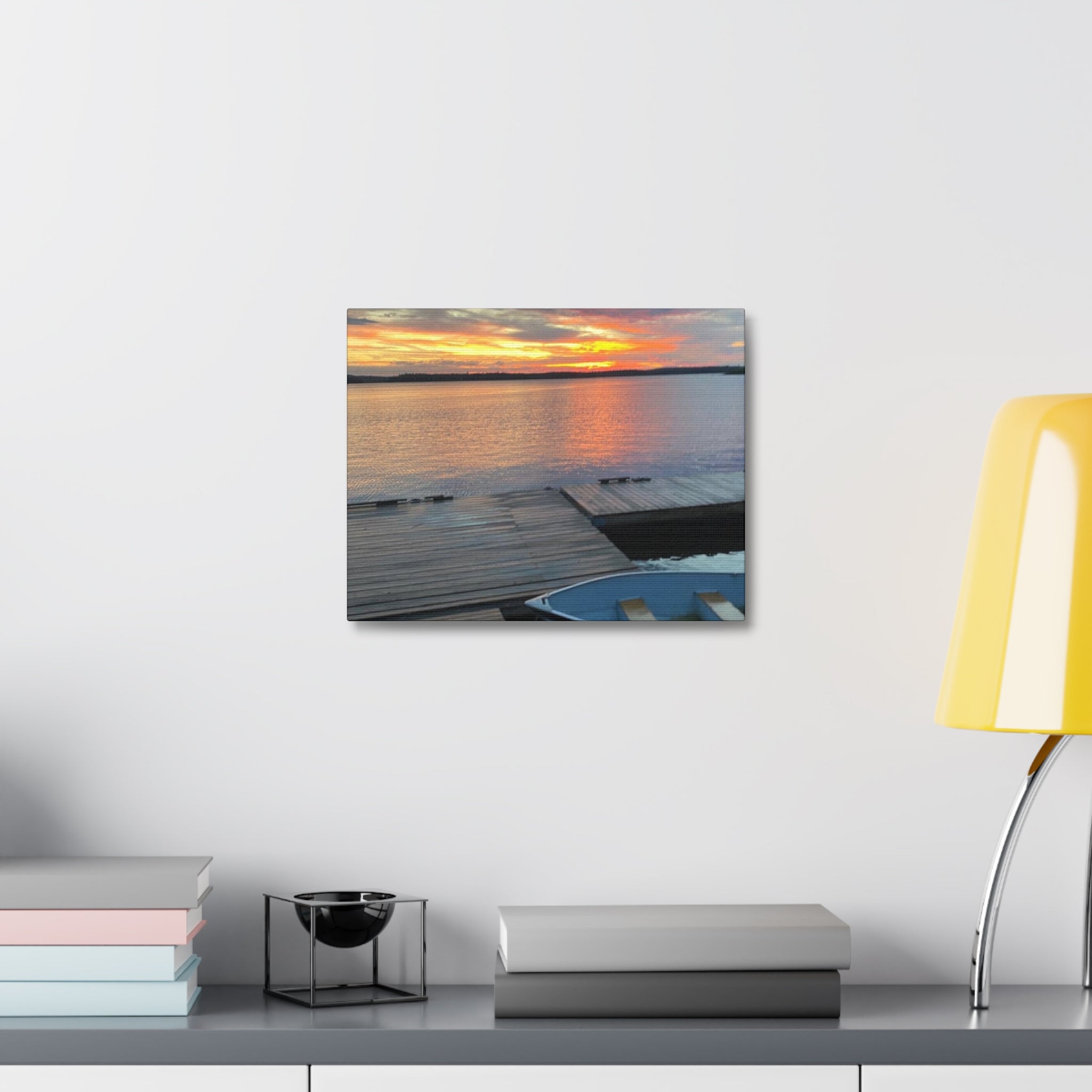 Sunset Lake Dock Stretched Canvas - Tranquil Waterfront Wall Art