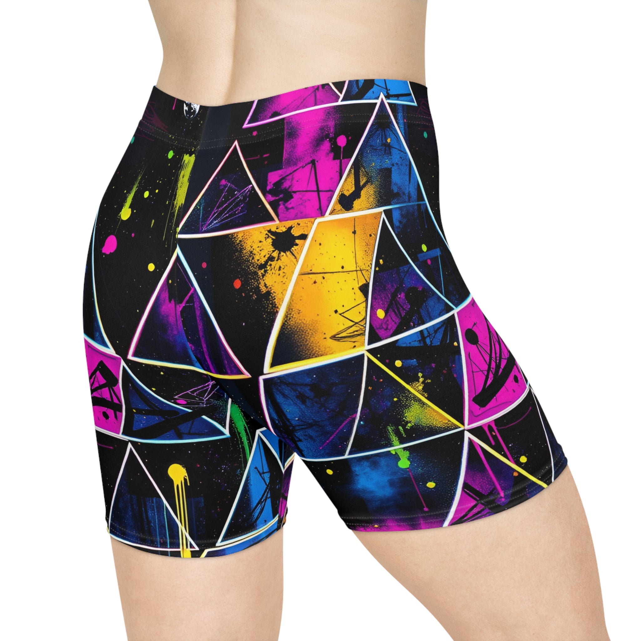Neon Geometric Biker Shorts — Women's Abstract Triangle Print