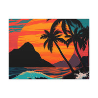 Tropical Sunset Canvas Wall Art — Palm Trees and Ocean Waves Stretched Canvas